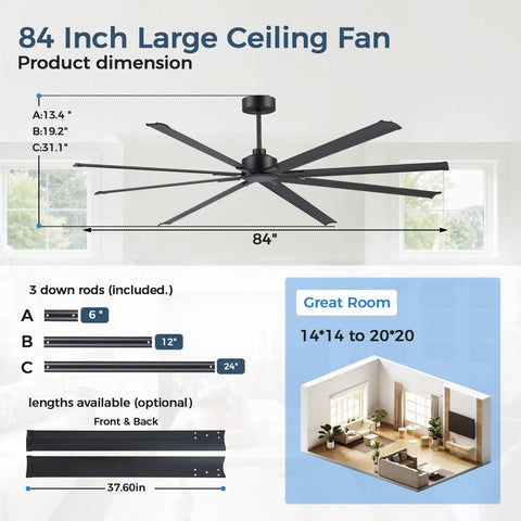 84 Inch Industrial Ceiling Fan With Reversible DC Motor, showing dimensions, suitable for massive garages and shops in matte black.