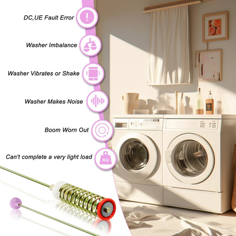 Pair of suspension rods for Samsung top-load washing machines; metal coil springs with red ends in a laundry room.