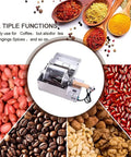 Pro Level Big League Automatic Coffee Bean Roaster Featuring Stainless Steel Drum And Electric Heating Element Top Shelf Visible Barista Roasting Machine For Home Fans with assorted spices and beans around it.