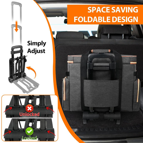 Detachable Trolley Rolling Teacher Tote Bag with padded laptop compartment, elegant gray, foldable design in car trunk view