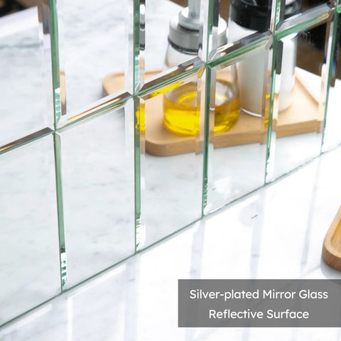 Close-up of Beveled Silver Mirror Subway Backsplash Tiles for Kitchen and Bathroom, 3x6 Inch, clear mirror reflective surface.