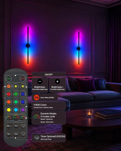 Battery Operated Wall Sconce Set of 2, 3000K & 9RGB Wireless Wall Light with remote control in a modern living room.
