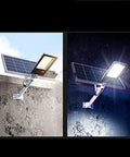 Heavy Duty Outdoor Solar Wall Light With Dusk To Dawn Sensor And Hella Bright Waterproof Led Security Flood Light Featuring A Wireless Remote Control For Driveway Use mounted on a wall showing day and night modes.