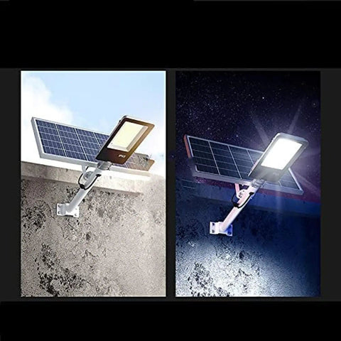 Heavy Duty Outdoor Solar Wall Light With Dusk To Dawn Sensor And Hella Bright Waterproof Led Security Flood Light Featuring A Wireless Remote Control For Driveway Use mounted on a wall showing day and night modes.