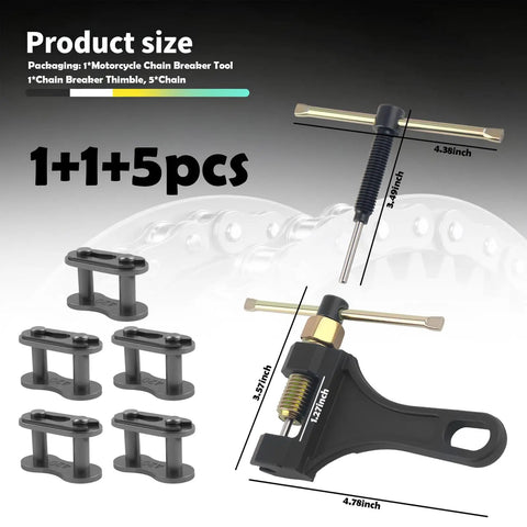 Heavy Duty Motorcycle Chain Breaker Kit With 420 Master Link And Breaker Thimble, Multi Size Chain Tool dimensions display