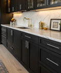 Modern kitchen with black cabinets featuring brushed nickel cabinet pulls 50 pack stainless steel drawer handles easy install 4 inch center to center fits six point four inch overall length cupboard hardware 201SN