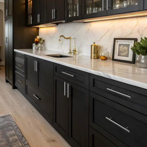 Modern kitchen with black cabinets featuring brushed nickel cabinet pulls 50 pack stainless steel drawer handles easy install 4 inch center to center fits six point four inch overall length cupboard hardware 201SN