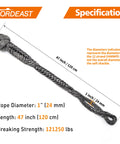 Beefy Built Heavy Duty Off Road Recovery Soft Shackle 1 Inch By 47 Inch UHMWPE Rope With Extra Large Length And 121250 Pound Breaking Strength For Truck And ATV Recovery Gray 1 Pack, specifications diagram with measurements labeled.