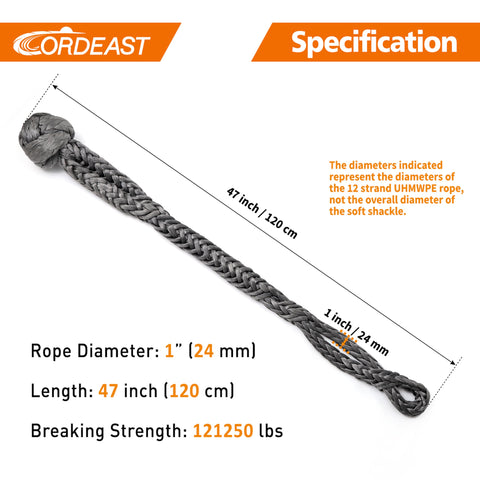 Beefy Built Heavy Duty Off Road Recovery Soft Shackle 1 Inch By 47 Inch UHMWPE Rope With Extra Large Length And 121250 Pound Breaking Strength For Truck And ATV Recovery Gray 1 Pack, specifications diagram with measurements labeled.
