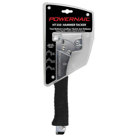Heavy Duty Hammer Tacker Stapler for 20 Gauge 1/2 Inch Crown with Quick Jam Release in packaging, black handle, silver tool