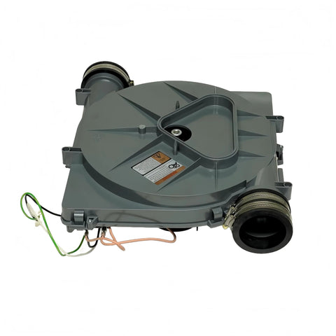 Front view of a gray plastic draft inducer motor housing with wiring harness and round duct openings.