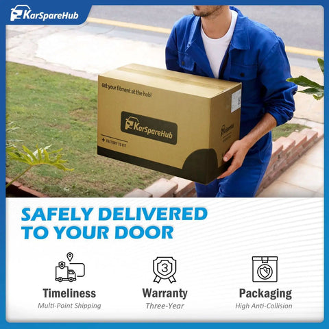 Person delivering KarSpareHub package labeled 'Safely Delivered to Your Door' with timeliness, warranty, and packaging icons.