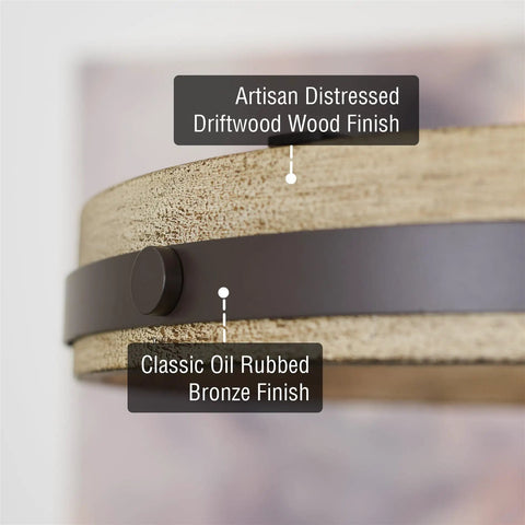 Close-up of the Open Farmhouse Ring Ceiling Light With Distressed Driftwood Wood Finish And Oil Rubbed Bronze Accents