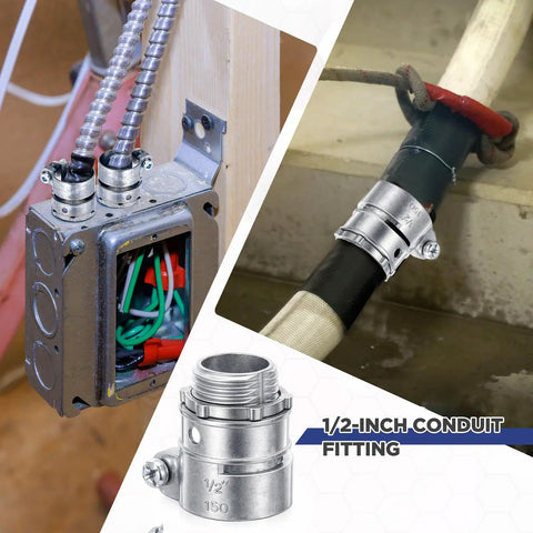 10-Pack Of Top-Shelf 1/2-Inch Squeeze Connectors For FMC And EMT Conduit Wiring installed on junction box and pipe.