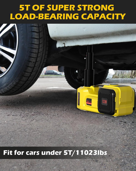 Electric car jack 5-ton, 12V with yellow housing under a car (side view)