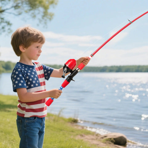 Child using Kids Telescopic Fishing Pole Set With Spincast Reel Net Bucket Tackle Box And Travel Bag for fishing by a lake.