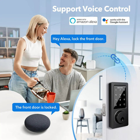 Couple using Alexa for G2 WiFi Gateway For TTLock Keyless Entry, Bluetooth Deadbolt Hub with vocal command support.