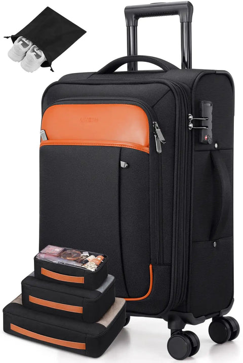 Softside Expandable Carry On Luggage 22 Inch By 14 Inch By 9 Inch Airline Approved 20 Inch Wheeled Suitcase With TSA Lock Hassle Free Travel Includes 4 Piece Packing Bags For Women And Men