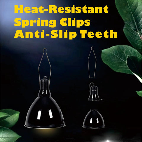 Universal Reptile Habitat Lighting Dome Clips Two Pack displayed with heat-resistant spring clips and anti-slip teeth