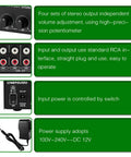 Diagram of 1 In 4 Out Stereo Audio Distribution Amplifier with RCA interface, showing input/output and power supply details