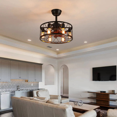 Caged Ceiling Fan With Lights Remote Control Farmhouse Low Profile Pendant Fandelier in modern living room ceiling view