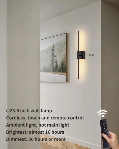 Slick Black Cordless Wall Sconces Set Of Two Wireless Led Accent Lamps With Smooth Stepless Dimming And Handy Remote installed on wall