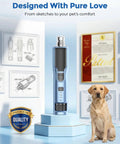 Premium 7 Speed Quiet Pet Nail Grinder For Dogs And Cats Featuring Low Vibes And A 360 Degree Led Ring For Super Easy Gnarly Claw Trimming At Home on display with a Labrador dog.
