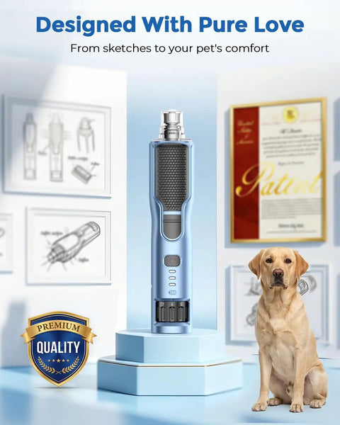 Premium 7 Speed Quiet Pet Nail Grinder For Dogs And Cats Featuring Low Vibes And A 360 Degree Led Ring For Super Easy Gnarly Claw Trimming At Home on display with a Labrador dog.