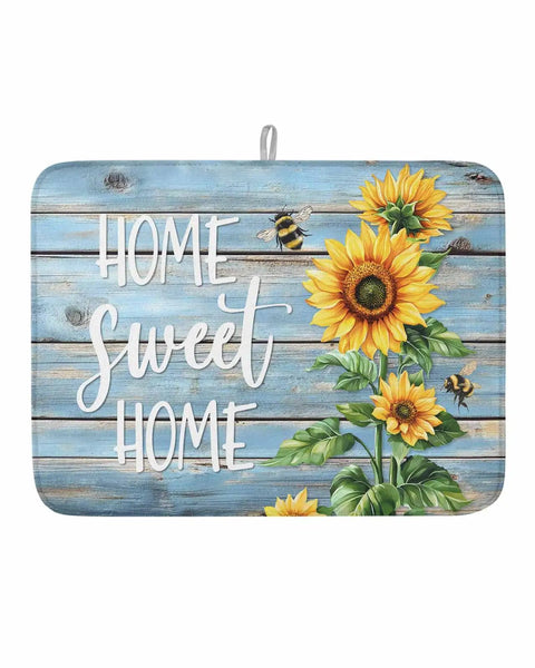 MustHave Kitchen Dish Drying Mat 18x24 with sunflowers and bees on blue wood grain, text 'Home Sweet Home'