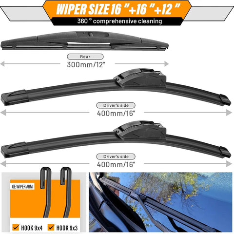 All Season 16 Inch Front Windshield Wiper Blades With 12 Inch Rear Wiper For Jeep Wrangler JL 2018 2019 2020 2021 2022 2023 pack of 3