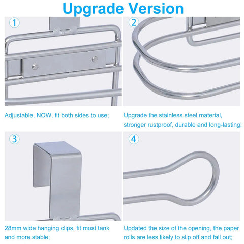 Close-up of Over The Tank Toilet Paper Holder Stainless Steel Chrome Finish Easy Install No Fuss Rustproof Bathroom Tissue Storage Rack details.