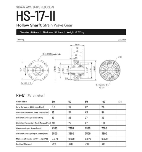 Technical diagram of Harmonic Drive SHF17II Strain Wave Gearbox for automation arms and BLDC servo motors with specifications.
