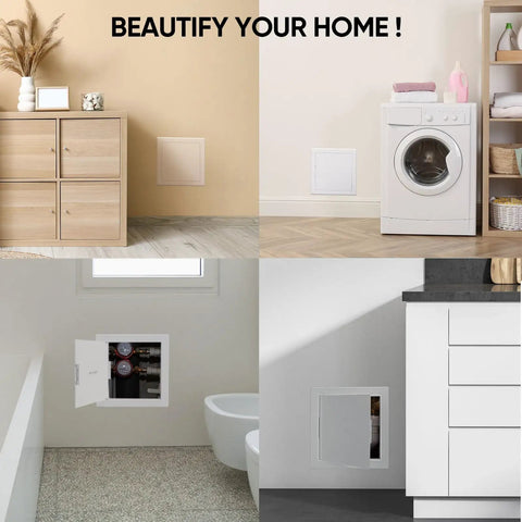 Kickass Eight By Eight Inch Abs Drywall Access Panel With Smooth Paintable Finish and Rock Solid Durability, showcased in various home settings.