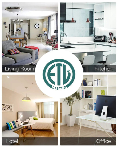 ETL Listed logo with images of living room, kitchen, hotel room, and office showcasing versatile environments.