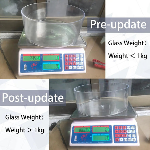 Digital scales showing glass weight pre-update under 1kg and post-update over 1kg with clear glass containers on top.