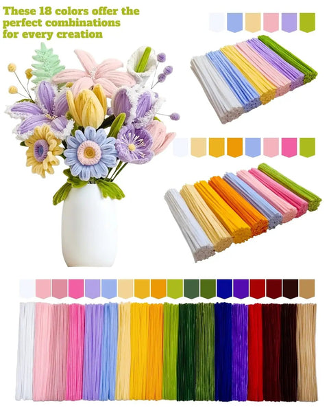 Bouquet made from 1000-Piece Pipe Cleaner Flower Kit With 18 Color Chenille Stems Complete Accessory Set And Instructions DIY Arts.