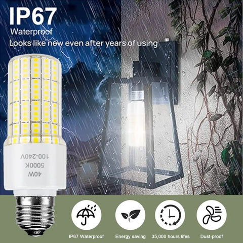 Two Pack 40W LED Light Bulbs With Crazy Bright 5000 Lumens 5000K Daylight White E26/E27 Base 300W Equivalent in outdoor fixture