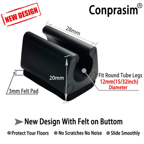 U Shaped Chair Leg Caps With Felt Pads For 12mm Tubular Legs Furniture Feet Protectors Black 24 Pieces close-up