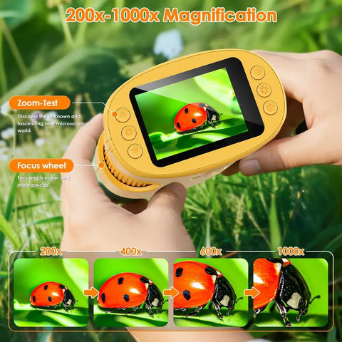 2.0 Inch Screen Kids Microscope With 1000X Digital Magnification, Super Portable Pocket Handheld Microscope For Kids, Kid Friendly Educational Science Toy Gift For Boys And Girls Ages 4 To 12, Great For Home School And Fun Experiments. Yellow handheld digital microscope with screen and focus wheel in use