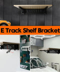 Four Pack 12 Inch E Track Shelf Brackets Foldable Steel Double Joint mounted on wall with wooden shelf for cargo storage.