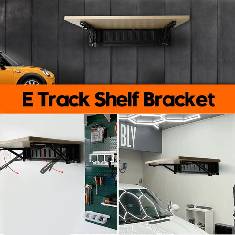 Four Pack 12 Inch E Track Shelf Brackets Foldable Steel Double Joint mounted on wall with wooden shelf for cargo storage.