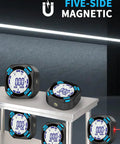 Solid As A Rock Five Side Magnetic Digital Angle Finder With Built In Laser Level And Rechargeable Backlit Display for woodworking projects on a work table.