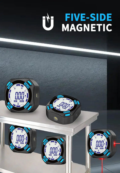 Solid As A Rock Five Side Magnetic Digital Angle Finder With Built In Laser Level And Rechargeable Backlit Display for woodworking projects on a work table.