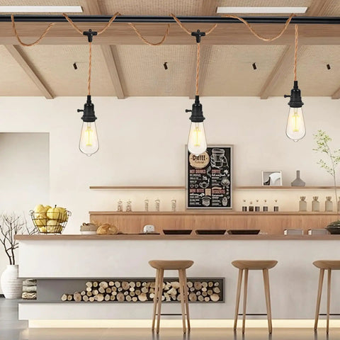 Solid Pick 23Ft Hemp Rope Pendant Light Swap With Three Independent E26 E27 Sockets And Solo Toggles in modern kitchen.