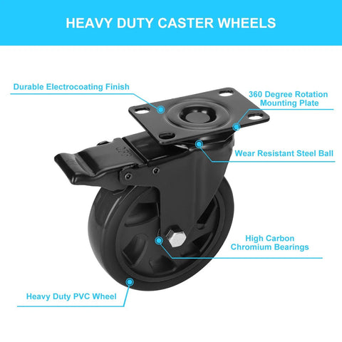 5 Inch Heavy Duty Caster Wheels Set Four Pack With 1800 Lbs Total Capacity And Steel Frame Top Plate Durable Plate Casters With Double