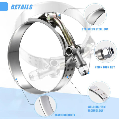 Heavy Duty 16 Pack 1.25 Inch T Bolt Hose Clamps 304 Stainless Steel Kit showing stainless steel components and nylon lock nut