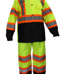 Hi Vis Rain Suit With Reflective X Pattern Jacket And Pants Lime Green With Black Bottom ANSI Class 3 Waterproof Oxford Fabric