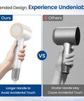 Comparison showing High Speed Hair Dryer With 150000 RPM Motor And 1400W Power For 1 To 5 Minute Fast Dry 3 Heat And Cool Settings with longer handle versus others.