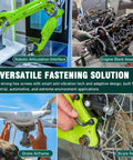 Image showing applications of fasteners: robotic articulation interface, engine block assembly, drone airframe, bicycle repair.