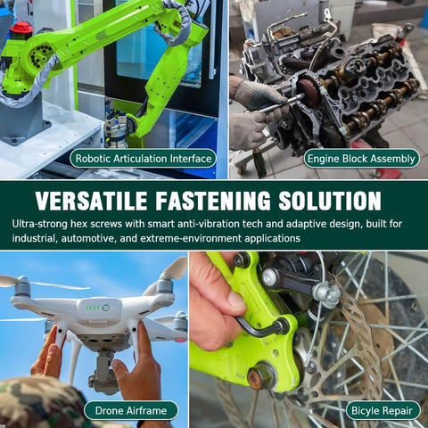 Image showing applications of fasteners: robotic articulation interface, engine block assembly, drone airframe, bicycle repair.